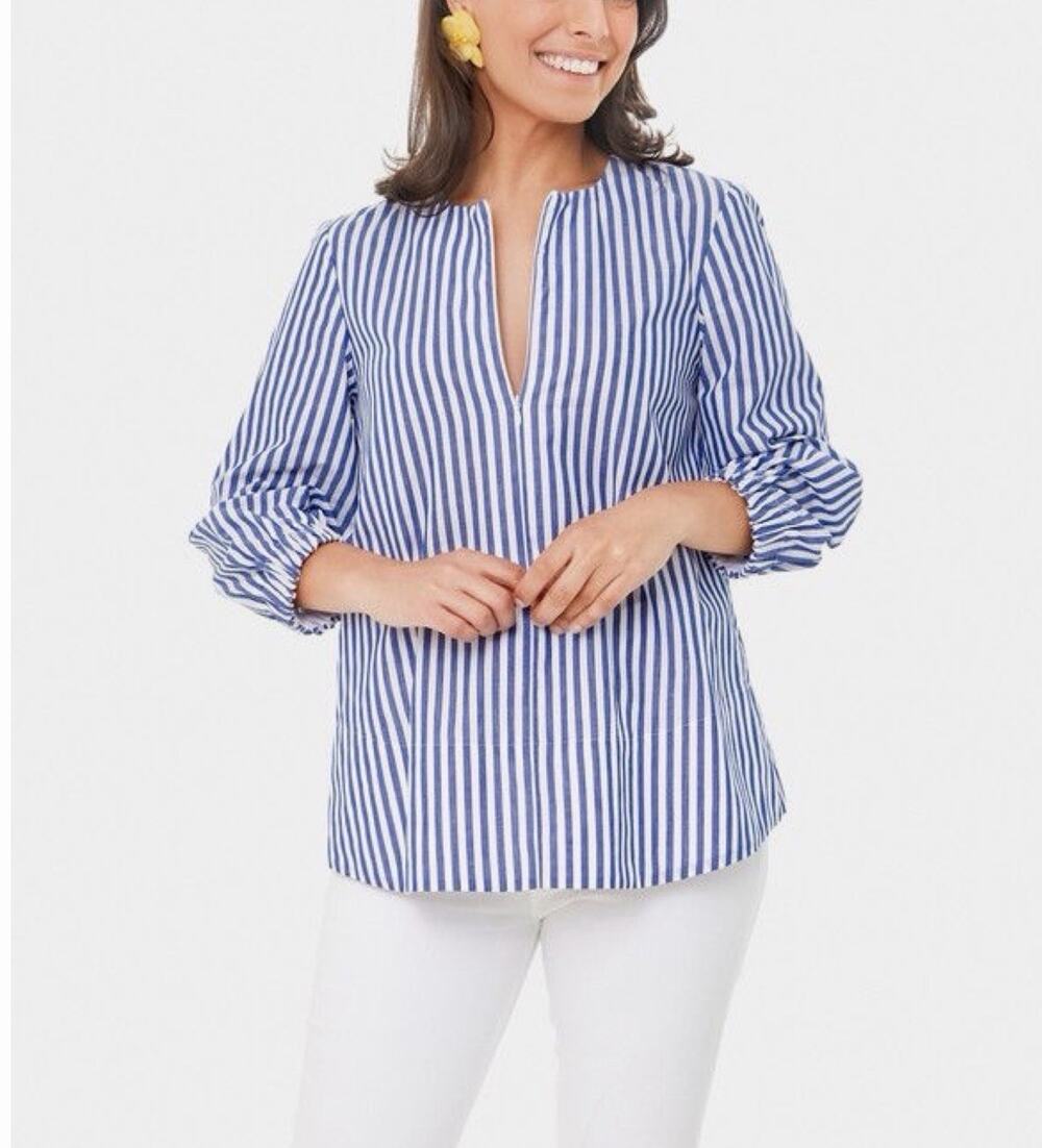 Pomander Place Kieran Blouse XXL 2XL Blue White Stripe Zip V-Neck 3/4 Sleeve